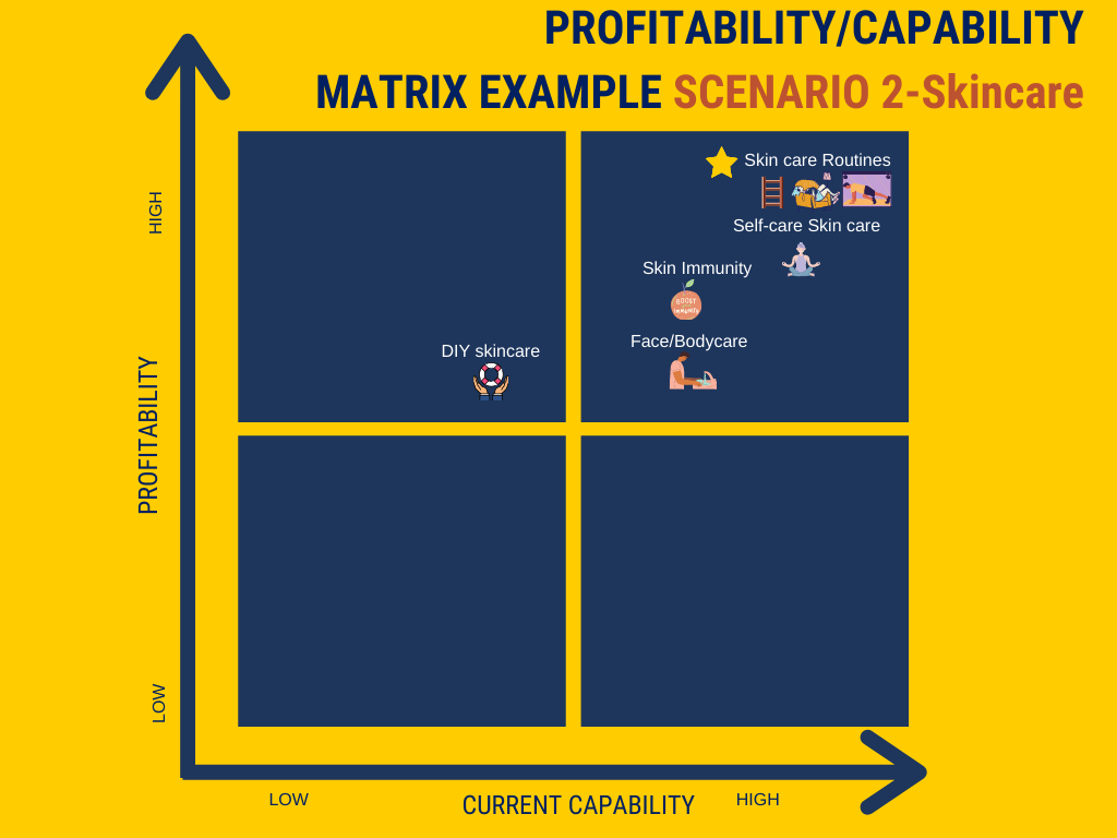 Plot Consumer Behavior: Profitability vs capability matrix for post covid strategy beauty brand-alternative scenario